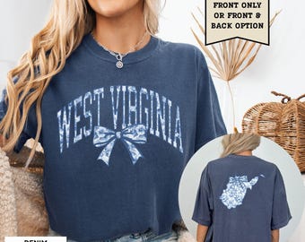 West Virginia Blue Toile Shirt West Virginia Home State Tshirt Women's Coquette Bow T-Shirt West Virginia Tee Vacation Souvenir Moving Gift