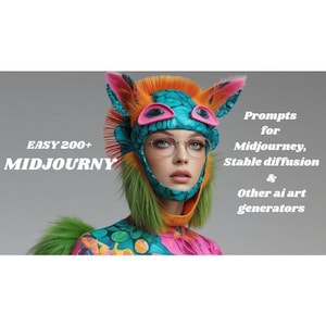May include: A person wearing a colorful, fantasy-themed headpiece and glasses. The headpiece is teal, orange, pink, and green. Text on the left reads "EASY 200+ MIDJOURNEY". Text on the right reads "Prompts for Midjourney, Stable diffusion & Other ai art generators".