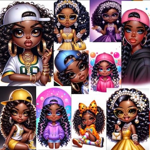 Black Chibi girl Clipart Baddie bundle of 40 Png  African American girls Instant download