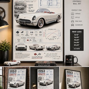 May include: A framed print featuring a 1953 Chevrolet Corvette. The poster includes a detailed illustration of the car, technical specifications, and the text "America's Sports Car." The print is available in various sizes.