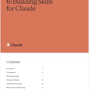 Könnte beinhalten: Buchcover mit dem Titel "The Complete Guide to Building Skills for Claude" in weißer Schrift auf orangefarbenem Hintergrund. Das Buch zeigt auch das "Claude"-Logo und ein Inhaltsverzeichnis.