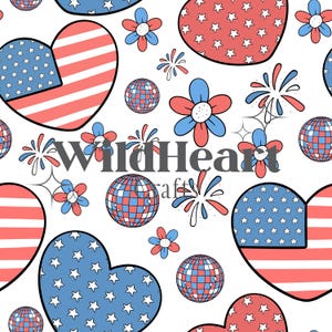 Papel digital del 4 de julio, patrón sin costuras de corazones patrióticos y fuegos artificiales, fondo rojo, blanco y azul, patrón retro sin costuras del 4 de julio