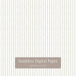Puede incluir: Papel digital sin costuras con fondo blanco y rayas verticales verde oliva. El texto "Seamless Digital Paper" se muestra en un rectángulo beige, con el texto "@WildHeartCrafts" debajo.