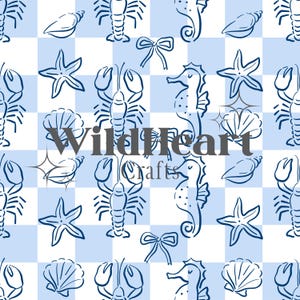 Papel digital costero de cuadros azules, estampado náutico sin costuras, fondo con lazo de langosta, caballito de mar, concha y estrella de mar, estampado marino costero