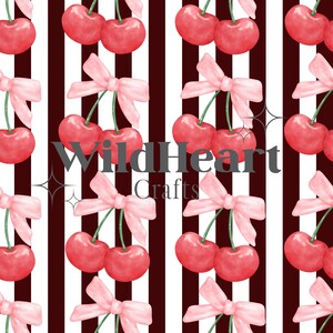 Papier numérique coquette cerise, motif sans couture de noeud rose avec des rayures, fond de fruits rétro pour travaux manuels d'été, motif sans couture de noeud de cerise