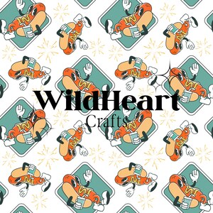 Carta digitale per hot dog, motivo senza soluzione di continuità per barbecue retrò, clipart di hot dog danzanti alla grigliata estiva, sfondo di cibo divertente per lavoretti e sublimazione