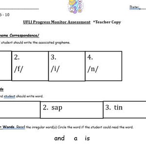 May include: A white worksheet with black text, designed for educational assessment. It includes sections for grapheme-phoneme correspondence, regular words, and irregular words. The worksheet is labelled "UFLI Progress Monitor Assessment *Teacher Copy."
