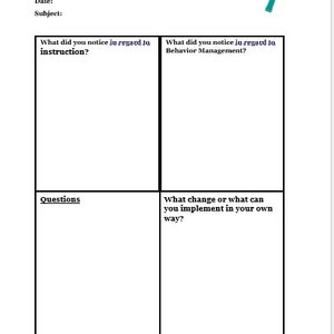 Puede incluir: Una hoja de trabajo imprimible con un icono de lupa en la esquina superior derecha. La hoja de trabajo está dividida en cuatro secciones con los siguientes encabezados: Fecha, Asignatura, ¿Qué notaste con respecto a las instrucciones?, ¿Qué notaste con respecto a la gestión del comportamiento?, Preguntas, y ¿Qué cambio o qué puedes implementar a tu manera?