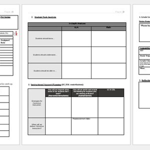 May include: A black and white printable worksheet with the title "PLC & Planning Documentation". The worksheet is divided into sections for "Type of PLC Level Planning", "PLC & Grade Level/Grade Level Teams", "Student Task Analysis", "Structured Student Planning (SP)", and "Grade Level Planning & Responsibilities/Tasks".