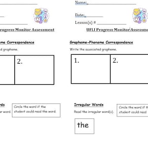 Puede incluir: Una hoja de trabajo blanca con el título "UFLI Progress Monitor Assessment". Incluye secciones para "Correspondencia Grafema-Fonema" y "Palabras Irregulares". La palabra "the" se muestra en un cuadro, con espacio para rodearla.