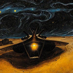 以下が含まれることがあります： 星空の下、砂漠の惑星に着陸した宇宙船の芸術的な描写。宇宙船は暗く、前面から明るい光が発せられています。風景は茶色と黄色の色合いが混ざっています。