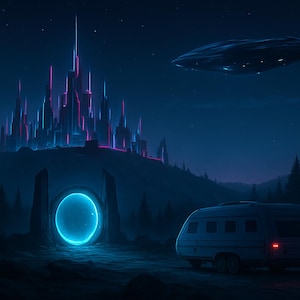 Neon Futuristic City with Spaceship | Sci-Fi Digital Art Print