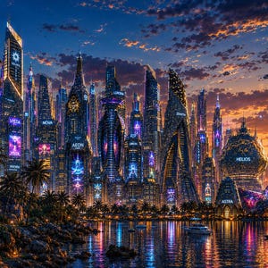 Golden Futuristic Coastal City Wall Art, Sci-Fi Megacity Sunset, Cyberpunk Skyline Print, Solarpunk Architecture Decor
