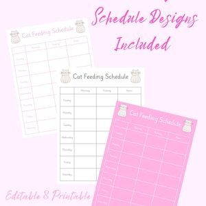 Sjabloon kattenvoerschema | Afdrukbare en bewerkbare wekelijkse voedingstabel | 3 ontwerpen inbegrepen
