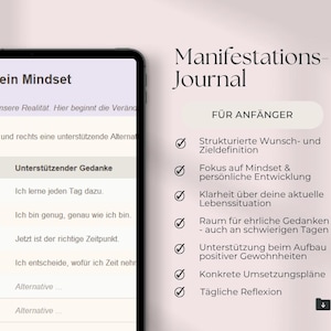 May include: A digital tablet showing a "Mein Mindset" page with German text, and a "Manifestations-Journal" page. The journal's features are listed, including goal setting and daily reflection, with checkmark icons.