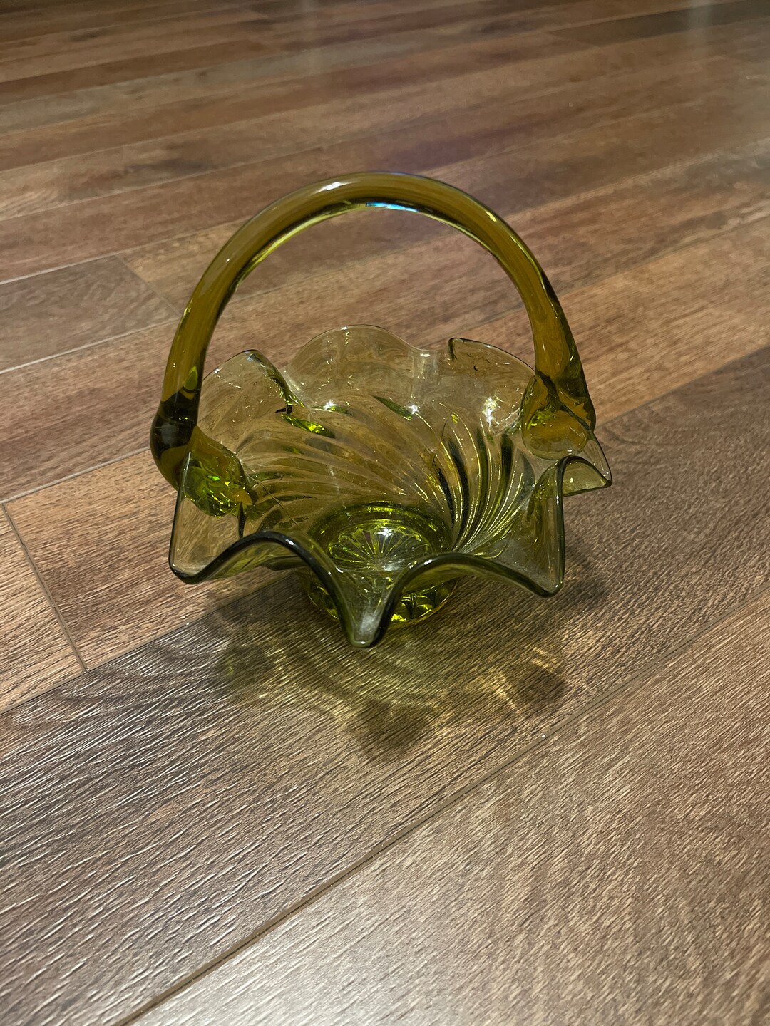 Vintage Olive Green Glass Basket Etsy