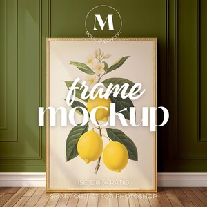 May include: A gold-framed mockup with a white background featuring a lemon tree with white flowers and yellow lemons. The text "frame mockup" is written in white letters on the image. The text "ISO DIN A RATIO" and "SMART OBJECT FOR PHOTOSHOP" are written in black letters at the bottom of the image.