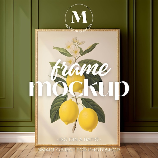 Elegant Green Interior Wall Photo Frame Mockup 011c | Wood | Wooden Floor | Smart Object | ISO | Photoshop | Gold Poster Frame Template