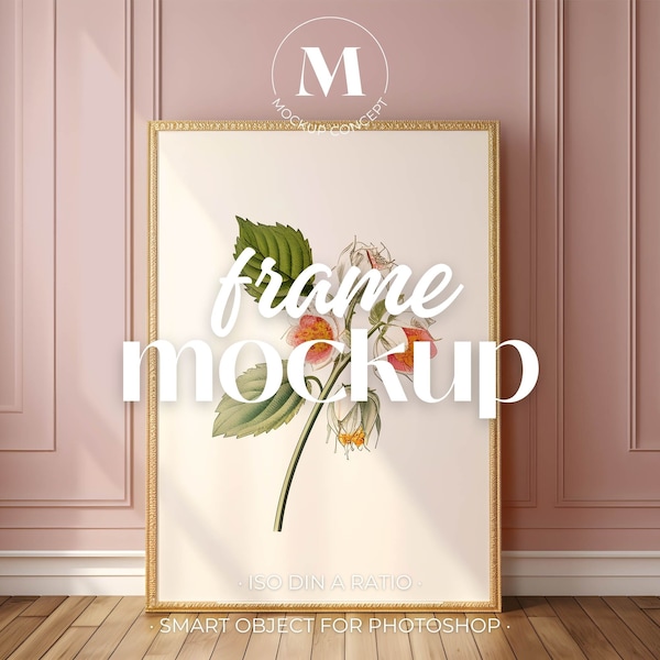 Baby Rosa Wand Minimalistischer Innenraum Fotorahmen Mockup 011b | Holzboden | Smart-Objekt | ISO | Photoshop | Goldrahmen Vorlage