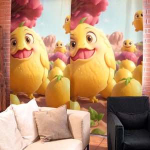 Pink lemon curtain Sunshine story window drapes Whimsical pink lemon drapes Colorful sunshine window curtains Pink to sunshine art drapes