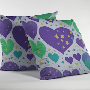 Multi-color hearts throw pillow Breathtaking pillow design Colorful heart decor pillow Green purple blue yellow pillow Rainbow heart pillow