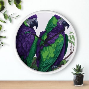Parrot watercolor wall clock Green feather parrot clock Royal purple bird clock Fantasy bird timepiece Two parrots design clock Bird clock
