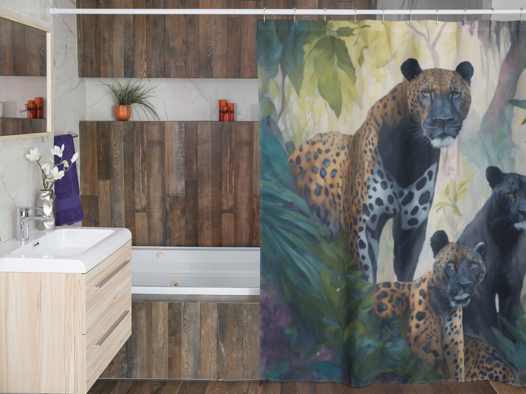 Black Panther Jungle Shower Curtain Majestic Lion and Cheetah Curtain