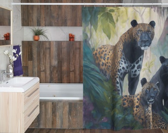 May include: A shower curtain featuring a black panther and two leopards in a jungle setting. The animals are depicted in a realistic style with detailed markings and fur. The background is a lush green jungle with leaves and vines.