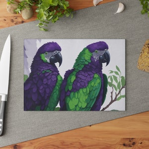 Parrot glass cutting board  Green feather parrot kitchen board  Royal purple bird chopping block Two parrots design cutting board