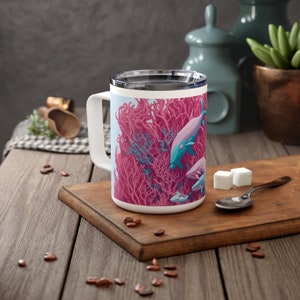 Insulated Coffee Mug 10oz, Unique Underwater Design, Pink Coral Reefs Print, 10oz Travel Mug, Eco-Friendly Drinkware, Hot and Cold Beverages