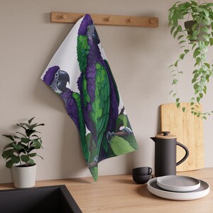 Parrot kitchen towel Green parrot towel Royal purple bird towel Exotic bird dish towel Decorative parrot towel Botanical kitchen towel