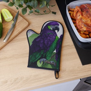 Parrot lovers oven glove  Green feather parrot mitt  Royal purple bird oven mitt Two parrots design glove  Magical garden bird oven mitt