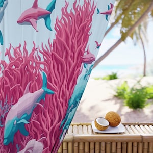 Ocean Themed Curtains, Aqua Blue Starfish Decor, Beach Sand Curtain Panels, Pink Dolphin Curtains, White Shark Window Treatments