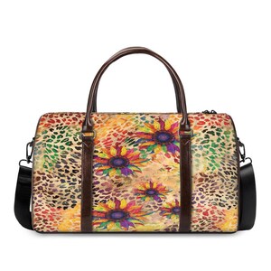 Travel Handbag With Sunflowers and Leopard Print, Duffel Bag,Weekend Overnight Carry on Luggage Gym Sport Yoga Bag, Carryall Bag,Elegant Bag