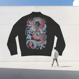Japanese Dragon Bomber Jacket,Women&#39;s Coat,Vintage Asian Style Outwear,Oriental Art Clothing Gift,Retro Tattoo Print,Classic Dragon Design