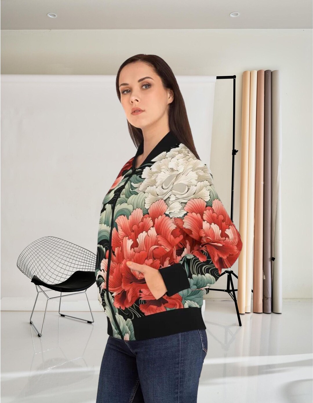 Wavey Traditional Japanese Flower Bomber Jacket for Women