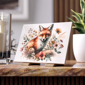 Fox and Wildflowers Ceramic Tile - Home Decor, Nature Inspired Coaster, Gift for Nature Lover, Floral Kitchen Decor,  Wall Decor, Fox art