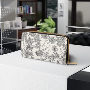 Monedero con cremallera en forma de flor de cerezo, monedero con diseño floral, bolsa vegana japonesa con diseño de sakura, cartera de mano en blanco y negro, regalo para ella, cartera pequeña con cremallera