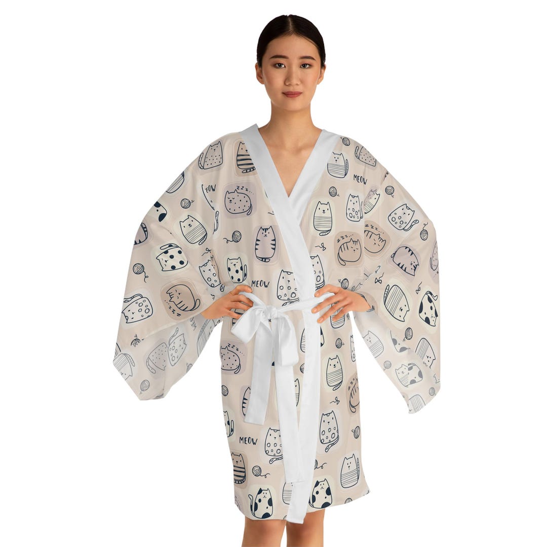 Cat Lover Long Sleeve Kimono Robe, Cute Cat Design, Cozy Loungewear ...