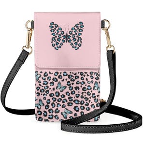 Phone bag Crossbody Bag With Leopard Print and Batterflies, Cell Phone Wallet, Phone Pouch, Cell Phone Purse, Phone Holder, Crossbody Wallet