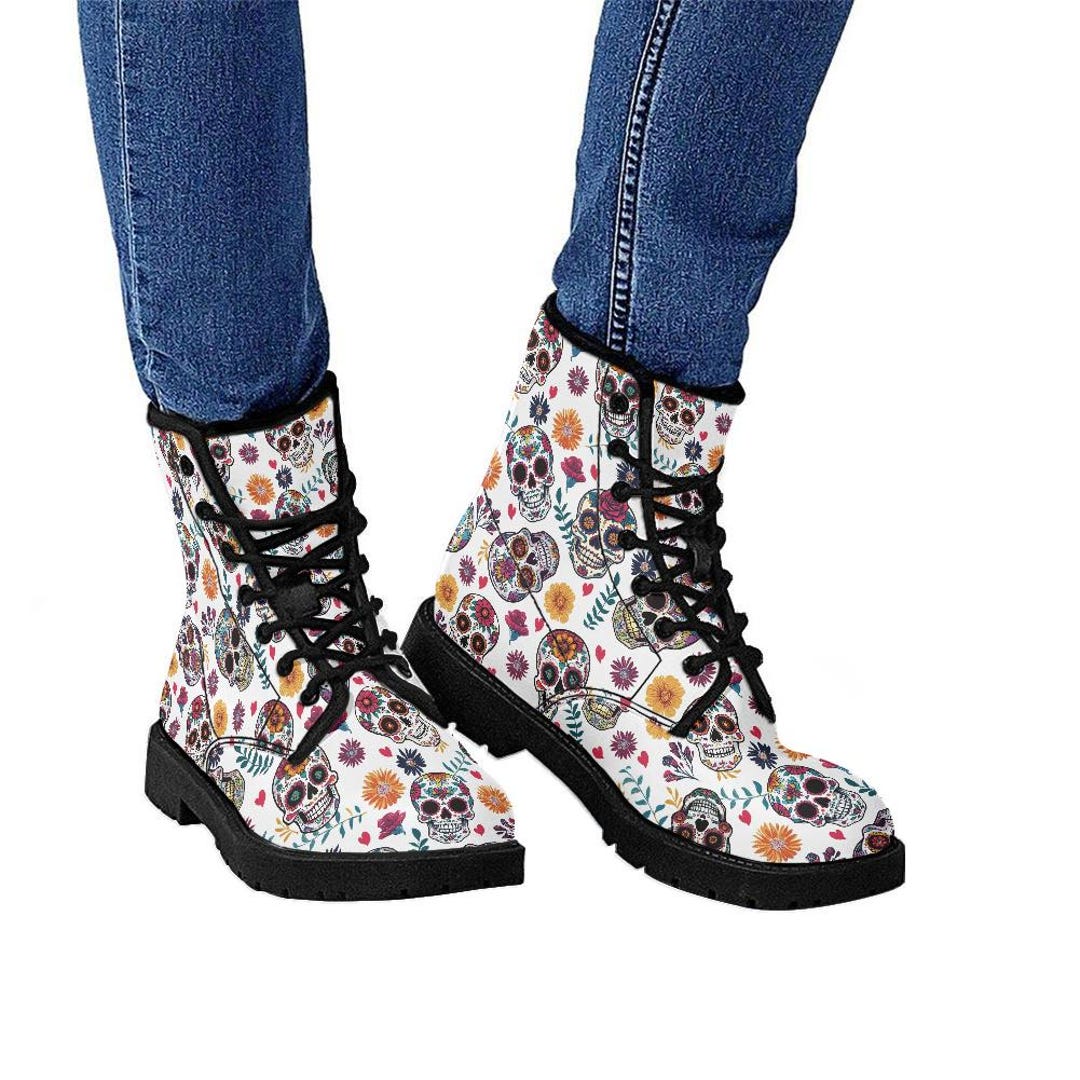 Skulls & Flowers Hippie Women's Leather Ankle Boots - Waterproof Winter Lace-Up Boots With Artistic Design - View #9