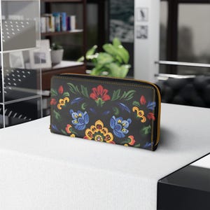 Ungarische Folklore Motiv Reißverschluss Brieftasche, ethnische Boho Geldbörse, traditionelle Folklore Kartenhalter, Volkskunst Reisebrieftasche, bunte Blumen