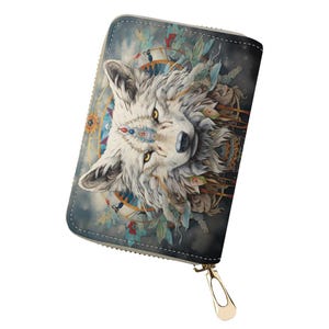 Bolsa para cartão com apanhador de sonhos de lobo branco, porta-cartões, carteira minimalista, estojo para cartão de crédito em couro PU, organizador de carteira, carteira de bolso,