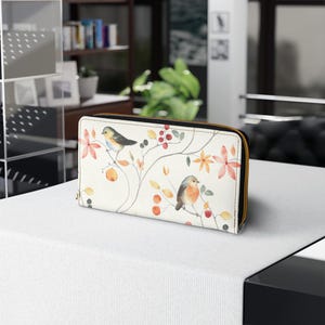 Monedero con cremallera con diseño de pájaros y bayas en acuarela, monedero con diseño floral, bolsito pequeño y bonito, regalo para ella, billetera para amantes de la naturaleza, accesorio único