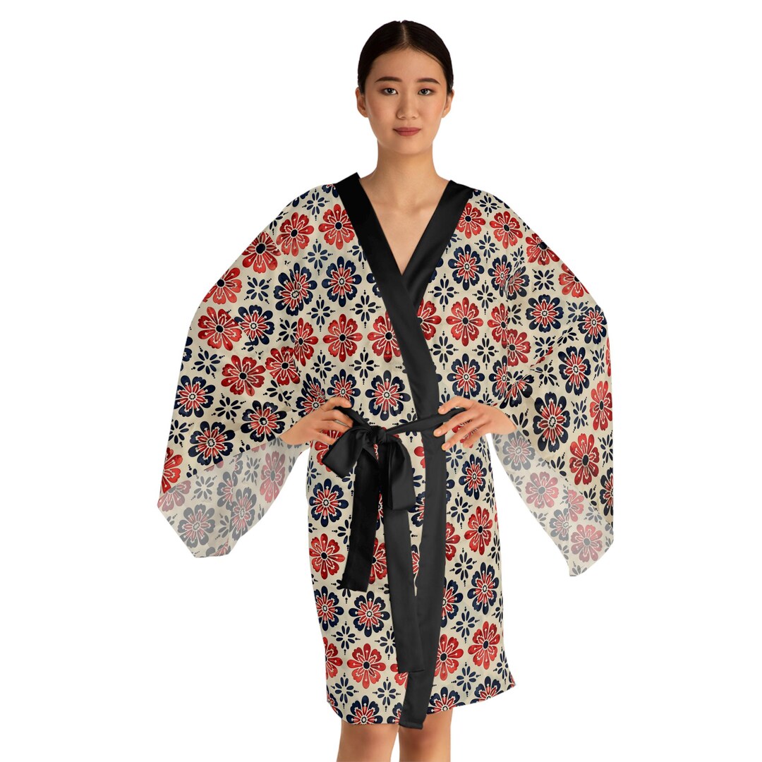 Japanese Folk Motif Kimono Robe, Asian Inspired Robe, Traditional ...