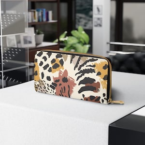 Portemonnee met dierenhuidmotieven, rits, leren portemonnee, kaarthouder met safariprint, etui met junglethema, clutch met wild patroon