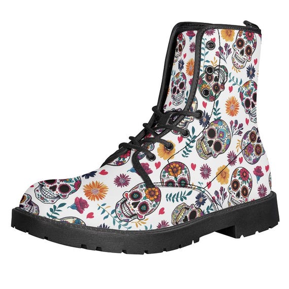 Skulls & Flowers Hippie Women's Leather Ankle Boots - Waterproof Winter Lace-Up Boots With Artistic Design - View #6
