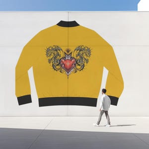 Dragon Heart Bomber Jacket, Fantasy Dragon Jacket, Women&#39;s Bomber Coat, Red Heart Dragon Outerwear, Gift for Dragon Lover