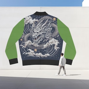 Japanese Dragon Bomber Jacket, Oriental Women&#39;s Fashion Outwear, Asian Mythical Creature Coat, Japanese Style Jacket, Retro Jacket