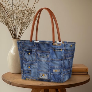 Jeans Patchwork Print Weekender Tragetasche, Große Tragetasche, Reise Schultertasche, Denim Print Boho Tote, Wochenendausflug Tasche